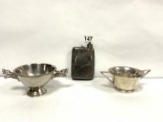 TWO PLATED TWO HANDLE SUGAR BOWLS AND A PLATED HIP FLASK