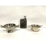 TWO PLATED TWO HANDLE SUGAR BOWLS AND A PLATED HIP FLASK