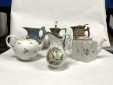 A MEISSEN FLORAL DECORATED TEAPOT, A WEDGWOOD MAJOLICA PEWTER LIDDED JUG, AN 18TH CENTURY STYLE