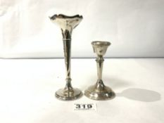 SILVER TRUMPET-SHAPED SPECIMEN VASE, 15CMS, BIRMINGHAM 1908 MAKER CLARK & SEWELL AND A SILVER