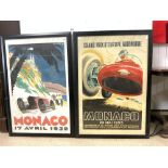 2 FRAMED REPRODUCTION PRINTS OF MONACO GRAND PRIXS 1932 AND 1955 68 X 100 CMS