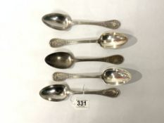 FIVE FRENCH SILVER TABLE SPOONS, 503 GRAMS/16OZ