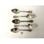 FIVE FRENCH SILVER TABLE SPOONS, 503 GRAMS/16OZ