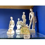 A ROYAL DUX FIGURE OF A NUDE LADY DESIGNED BY LEROUCH 30 CMS A PAIR OF PORCELAIN FIGURES BY