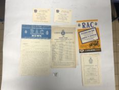 A 1958 RAC LONDON TO BRIGHTON PROGRAM, AN RAC PRESS RELEASE AND THREE RAC ROUTE CARDS