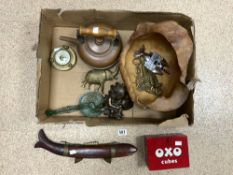 A SCULPTED WOODEN BOWL, OXO TIN, COPPER KETTLE ETC...
