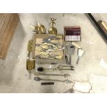 A CASED SET OF FISH KNIVES AND FORKS, LOOSED FISH KNIVES AND FORKS, BRASS CRUMB SCOOP, BRUSH SET