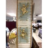 A PAIR OF ART DECO DESIGN GLASS AND BRASS DANCING LADY EMBOSSED WALL LIGHTS 38 X 54 CMS