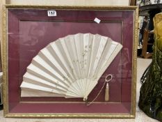 A FLORAL DECORATED SILK FAN IN GLAZED GILT PICTURE FRAME CASE, 60 X 50CMS