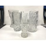 A HEAVY CUT GLASS VASE, 30CMS AND A BOHEMIA CRYSTAL GLASS VASE, 30CMS AND THREE OTHERS