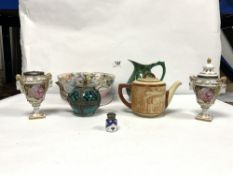 A MIDDLE EASTERN METAL MOUNTED CERAMIC TEAPOT, A MINIATURE SILVER TOP PORCELAIN SCENT BOTTLE, ETC