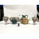 A MIDDLE EASTERN METAL MOUNTED CERAMIC TEAPOT, A MINIATURE SILVER TOP PORCELAIN SCENT BOTTLE, ETC