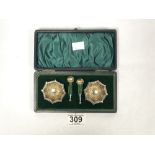 PAIR OF EDWARDIAN HALLMARKED SILVER EMBOSSED CIRCULAR SALTS WITH SPOONS (CASED) 1900 BY WILLIAM