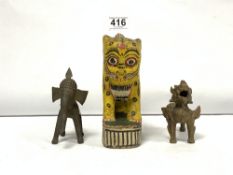 A PAINTED WOODEN DOG OF FOO, 16CMS AND A BRONZE LION AND BRONZE ELEPHANT ORIENTAL
