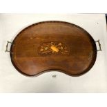 AN EDWARDIAN INLAID MAHOGANY KIDNEY SHAPE DRINKS TRAY