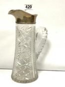 A CUT GLASS CLARET JUG WITH SILVER POURING SPOUT- BIRMINGHAM 1912, MAKERS GM & CO GORHAM CO , 27CMS