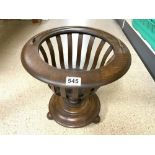 A CIRCULAR FLUTED OPEN WORK OAK JARDINIERE ON BALL FEET 38 X 40 CMS