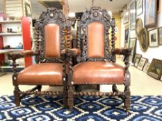 A PAIR OF VICTORIAN CARVED OAK THRONE CHAIRS WITH CARVED PHOENIX DECORATION