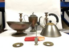 A PAIR OF SILVER-PLATED CANDLESTICKS, 26CMS AND AN ARTS'N'CRAFTS BEATEN COPPER BOWL, 27CMS DIAMETER,
