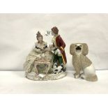 A CONTINENTAL PORCELAIN GROUP TEA TIME AND A STAFFORDSHIRE DOG, 24CMS