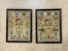 A PAIR OF SAMPLES WITH INITIALS W. A. L, DEPICTING ANIMALS, WINDMILLS, AND TREES, 40 X 30CMS