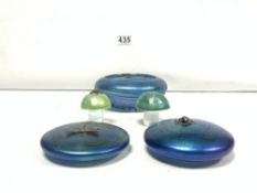 TWO GLASFORM IRRIDESCENT GLASS PAPERWEIGHTS MOUNTED WITH SILVER FROG AND DRAGONFLY, GLASFORM BOWL,