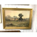 A WATERCOLOUR - CATTLE AND DROVER BEFORE A VILLAGE SIGNED JOSEPH POWELL 74 X 52 CMS