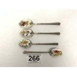 SET OF FOUR HALLMARKED SILVER WITH FLORAL ENAMEL COFFEE SPOONS 1979 BY BIRMINGHAM MINT