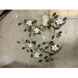 A PAIR OF ORNATE METAL AND GLASS ENAMEL FLOWER WALL MOUNTS, 90CMS