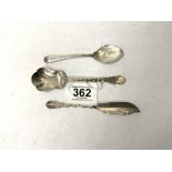 TWO HALLMARKED SILVER PRESERVE SPOONS, BIRMINGHAM & SHEFFIELD AND A SILVER BUTTER KNIFE SHEFFIELD,
