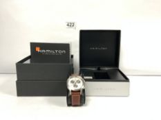 A GENTS HAMILTON KHAKI WRISTWATCH WITH BROWN LEATHER STRAP MODEL-4764120