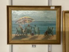 A MODERN OIL- ON THE DECK CHAIRS AT PROMENADE SIGNED JEAN 30 X 20 CMS