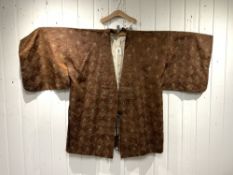 A JAPANESE BROWN PATTERNED HAORI, LENGTH, 80CMS- SHOULDER 60CMS