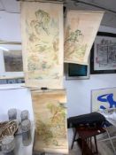 THREE JAPANESE WATERCOLOUR SCROLLS ON WITH CHARACTER MARKS