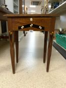 AN ITALIAN MAHOGANY WORK TABLE WITH EBONY AND BONE AND MIXED WOOD INLAY WORK AND FITTED INTERIOR