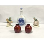 A COPENHAGEN PORCELAIN DECANTER, A PAIR OF SWANAGE VASES AND A PAIR OF FIGURE BOOKENDS