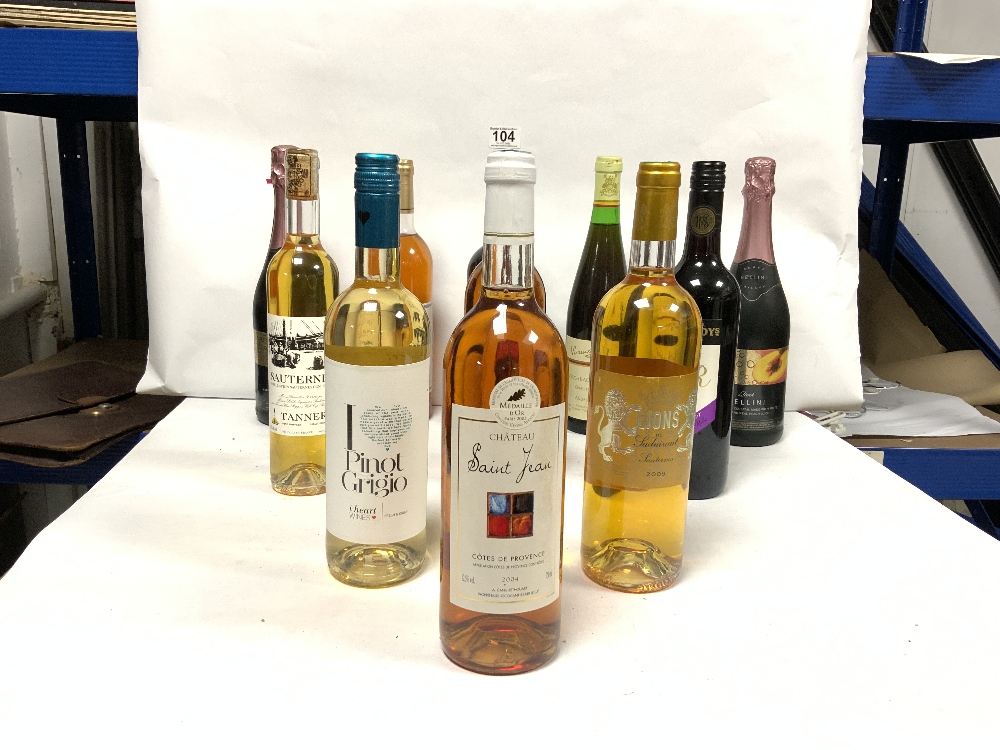 A BOTTLE OF SAUTERNES DESSERT WINE, BELLINI SPARKING COCKTAIL, AND EIGHT OTHER BOTTLES OF MIXED