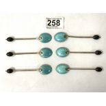 A SET OF SIX SILVER AND ENAMEL BEAN END COFFEE SPOONS, (2 A/F) BIRMINGHAM 1928- MAKER SUCKLING LTD