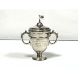 HEAVY HALLMARKED SILVER TWIN HANDLED LIDDED TROPHY CUP BY MAPPIN AND WEBB, 217 GRAMS INSCRIBED