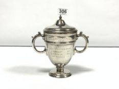 HEAVY HALLMARKED SILVER TWIN HANDLED LIDDED TROPHY CUP BY MAPPIN AND WEBB, 217 GRAMS INSCRIBED