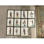 10 FRAMED AND 1 UNFRAMED WATERCOLOUR STUDIES OF FOOT GUARDS AND OTHER SOLDIERS REGIMENTS 26 X 20 CMS
