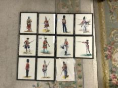 10 FRAMED AND 1 UNFRAMED WATERCOLOUR STUDIES OF FOOT GUARDS AND OTHER SOLDIERS REGIMENTS 26 X 20 CMS