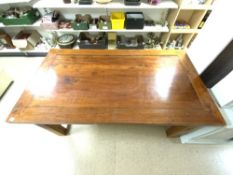 A 20TH CENTURY HARDWOOD REFRACTORY TABLE ON THICK SQUARE LEGS, 166 X 100CMS