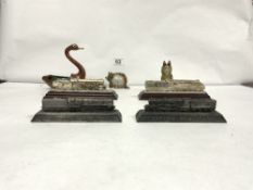 FOUR MODELS OF STEAM LOCOMOTIVES AND THREE CLOISONNE MODELS OF A DUCK, DOG AND FROG