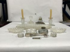 ORNATE BRASS INKWELL, A GLASS INKWELL, GLASS DRESSING TABLE SET & ICE TONGS