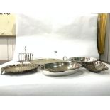 SILVER-PLATED ENTRE DISH, TWO SALVES, AND A TOAST RACK WITH A SMALL BASKET