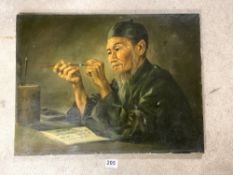 AN UNFRAMED OIL STUDY OF ORIENTAL MAN WITH BRUSH AND POT, 60 X 44CM