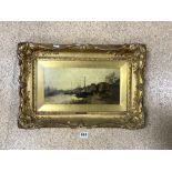 AN OIL ON BOARD OF A FRENCH HARBOUR TOWN SIGNED LOUIS DUBOIS (1830-1880) WITH LABEL VERSO 34 X 16