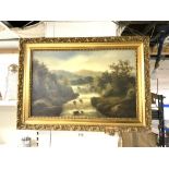 GILT FRAMED OIL OF HIGHLAND RIVER LANDSCAPE SIGNED R. MARSHALL, 63 X 40