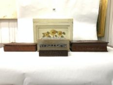 TWO EMBOSSED LEATHER BOOK FORM CIGAR BOXES AND A WOODEN CIGARETTE BOX PLUS TWO OTHERS